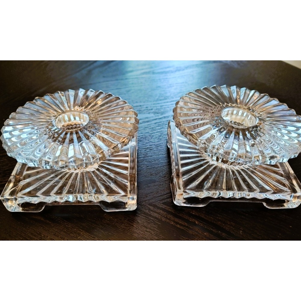 Pair of Heisey Crystal Ridgeleigh 2" Glass Square Candlestick Holders